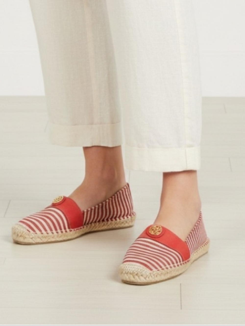 Tory Burch Red and White Striped Espadrilles